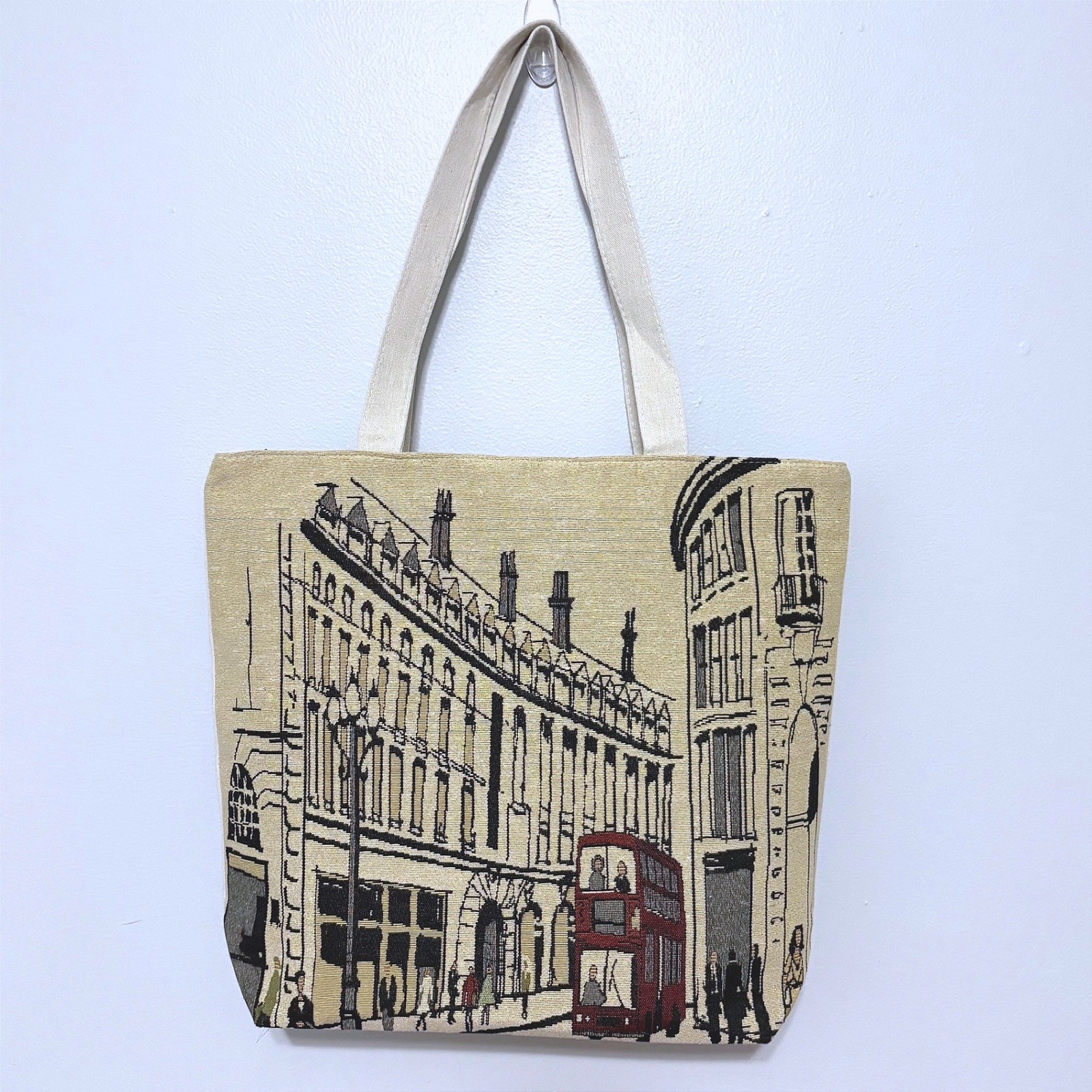 London Street Scene Jute Tote Bag Red Double Decker Bus Graphic Shoulder Bag